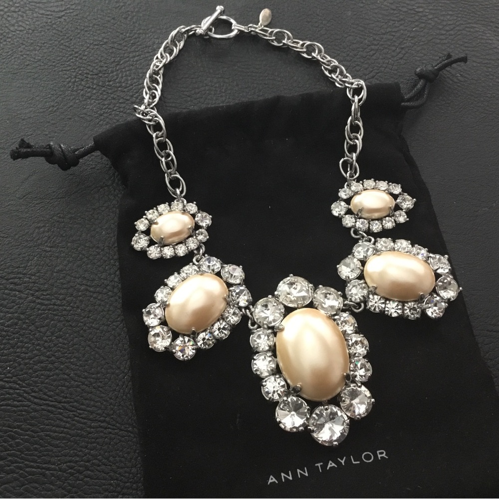 Ann Taylor Gold-Tone Pearl and Clear Crystal Statement Necklace